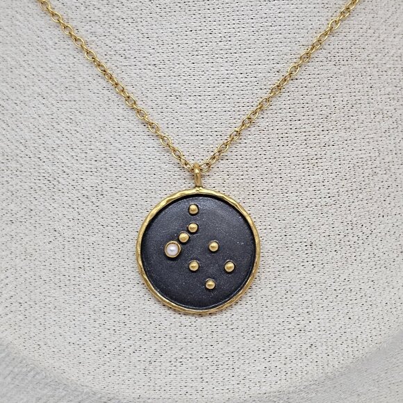 Satya Zodiac Horoscope Gemini Sign Pearl Gem Pendant Necklace 18K Gold Plated - Picture 2 of 12